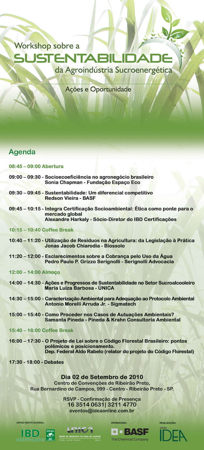Workshop sobre a sustentabilidade da Agroindústria Sucroenergética – 02/09